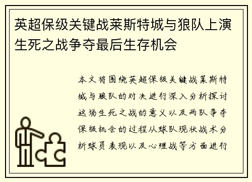英超保级关键战莱斯特城与狼队上演生死之战争夺最后生存机会 英超保级关键战莱斯特城与狼队上演生死之战争夺最后生存机会