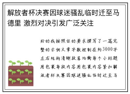 解放者杯决赛因球迷骚乱临时迁至马德里 激烈对决引发广泛关注